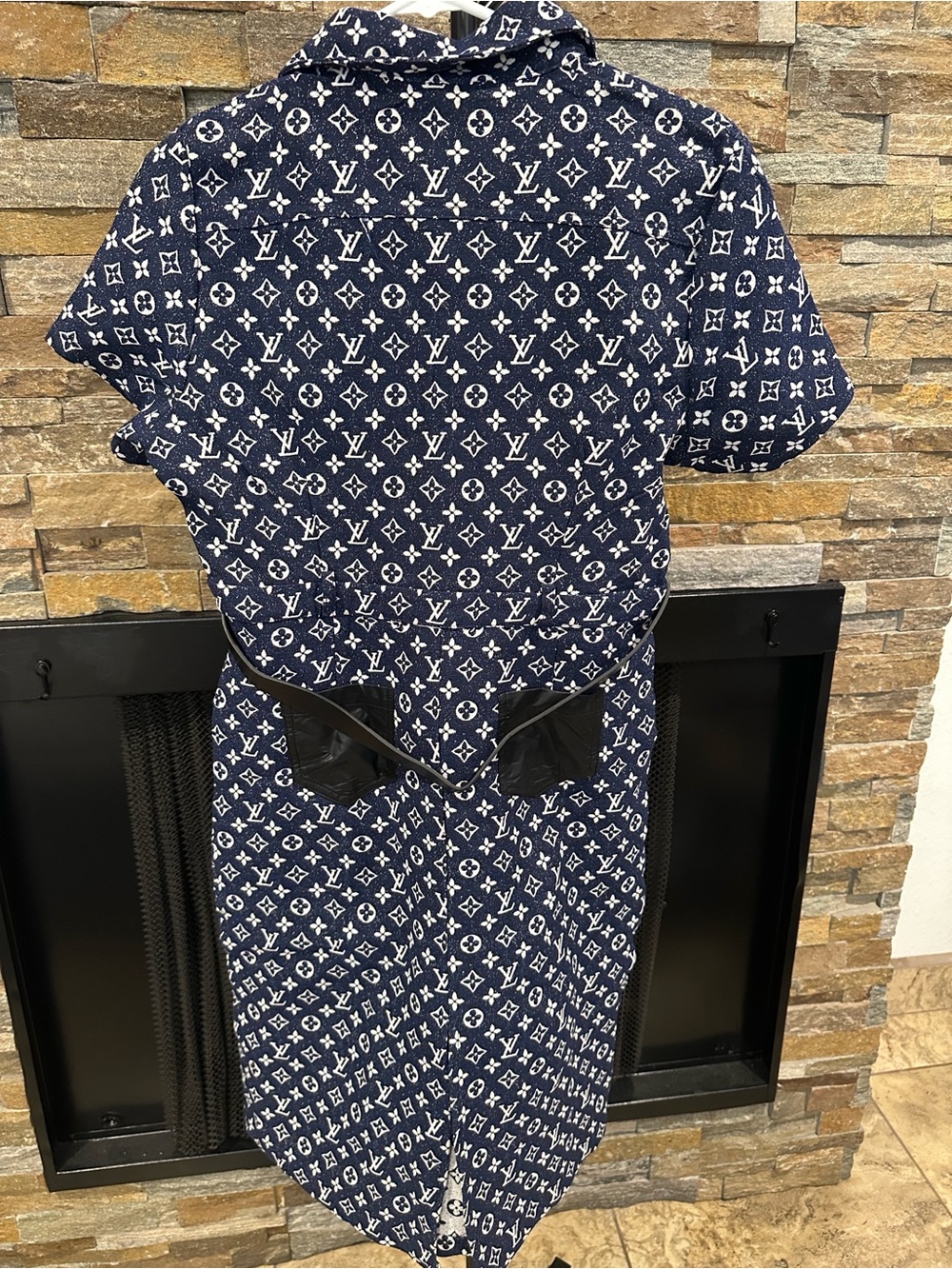 Navy and White Monogram Button-Up Jacket with Black Pockets size S - Picture 5 of 5
